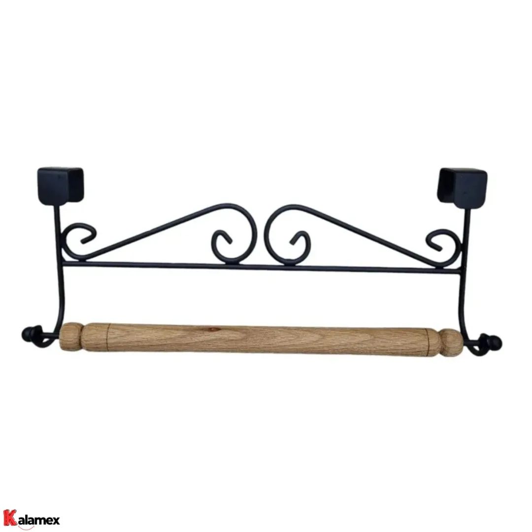 آویز حوله فلزی و چوبی آویز حــوله و دستمال کابینتی چوب و فلز (مشکـــی) - تصویر 1